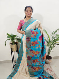 Pure Tussar Silk Saree with Zari Border - Cream with Blue