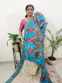 Pure Tussar Silk Saree with Zari Border - Cream with Blue