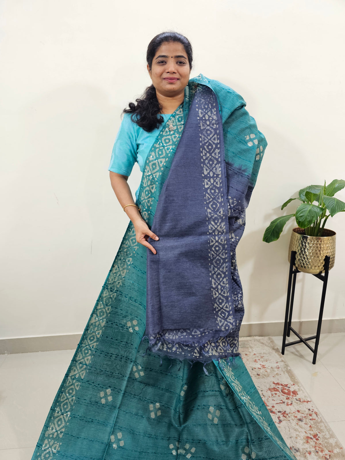 Bhagalpuri Batik Print - Sea Green with Blue