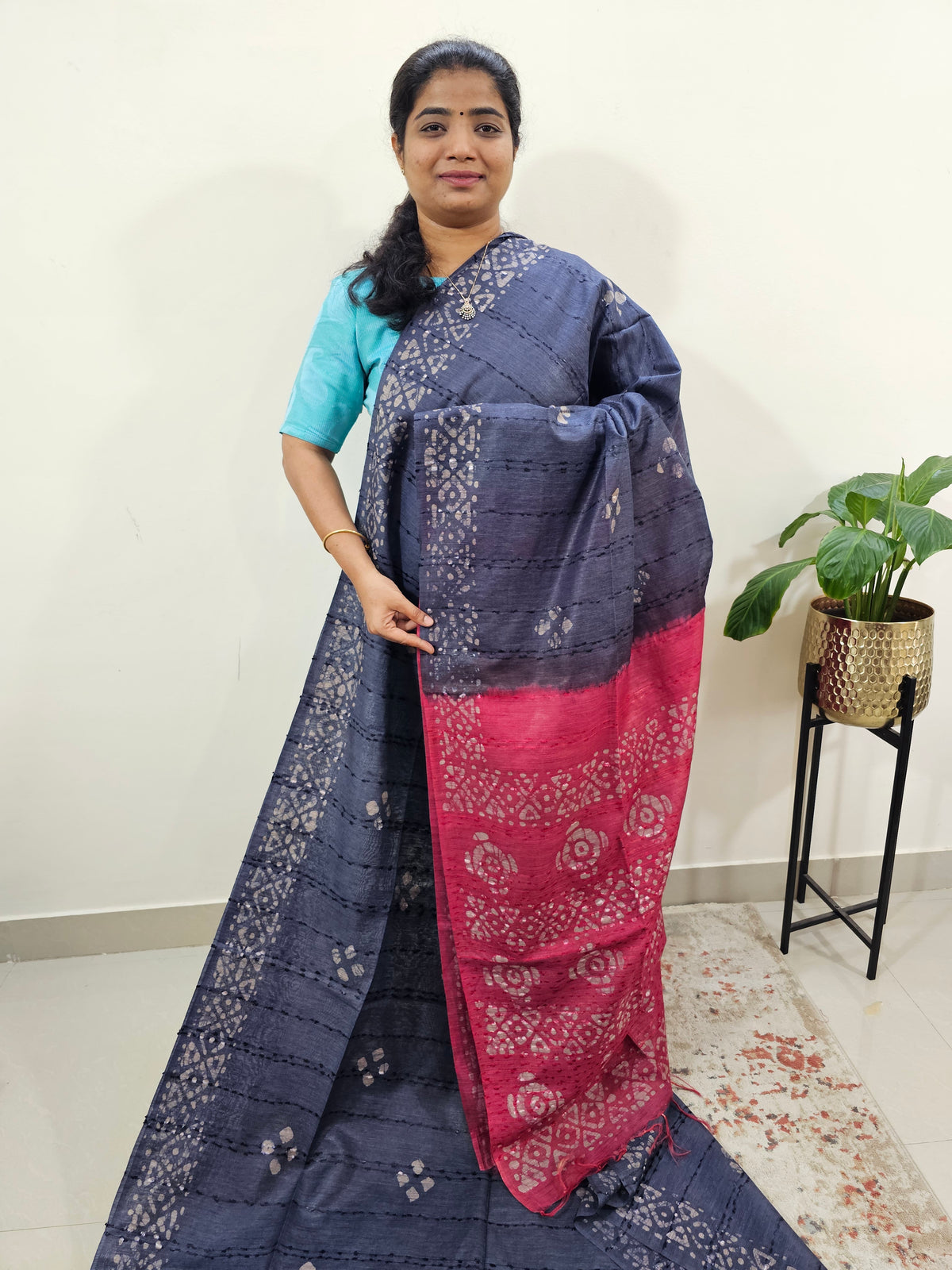 Bhagalpuri Batik Print - Blue with Pink