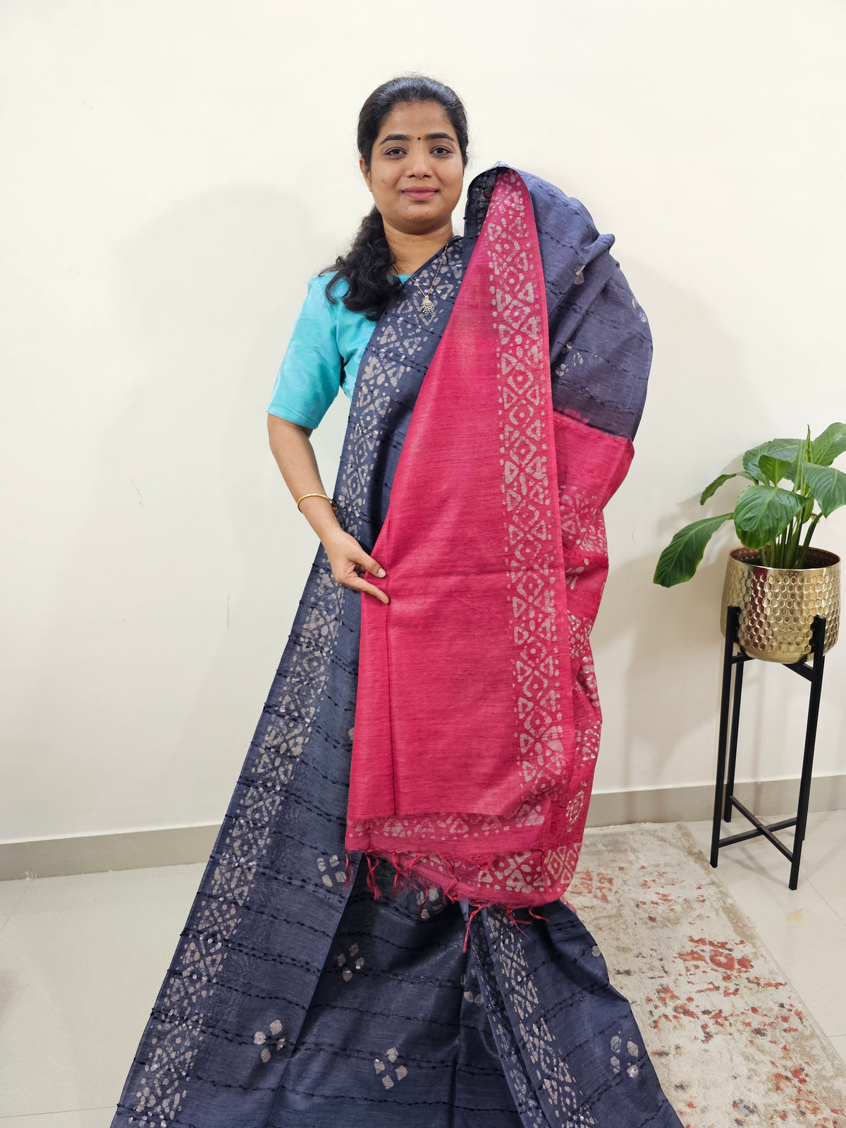 Bhagalpuri Batik Print - Blue with Pink
