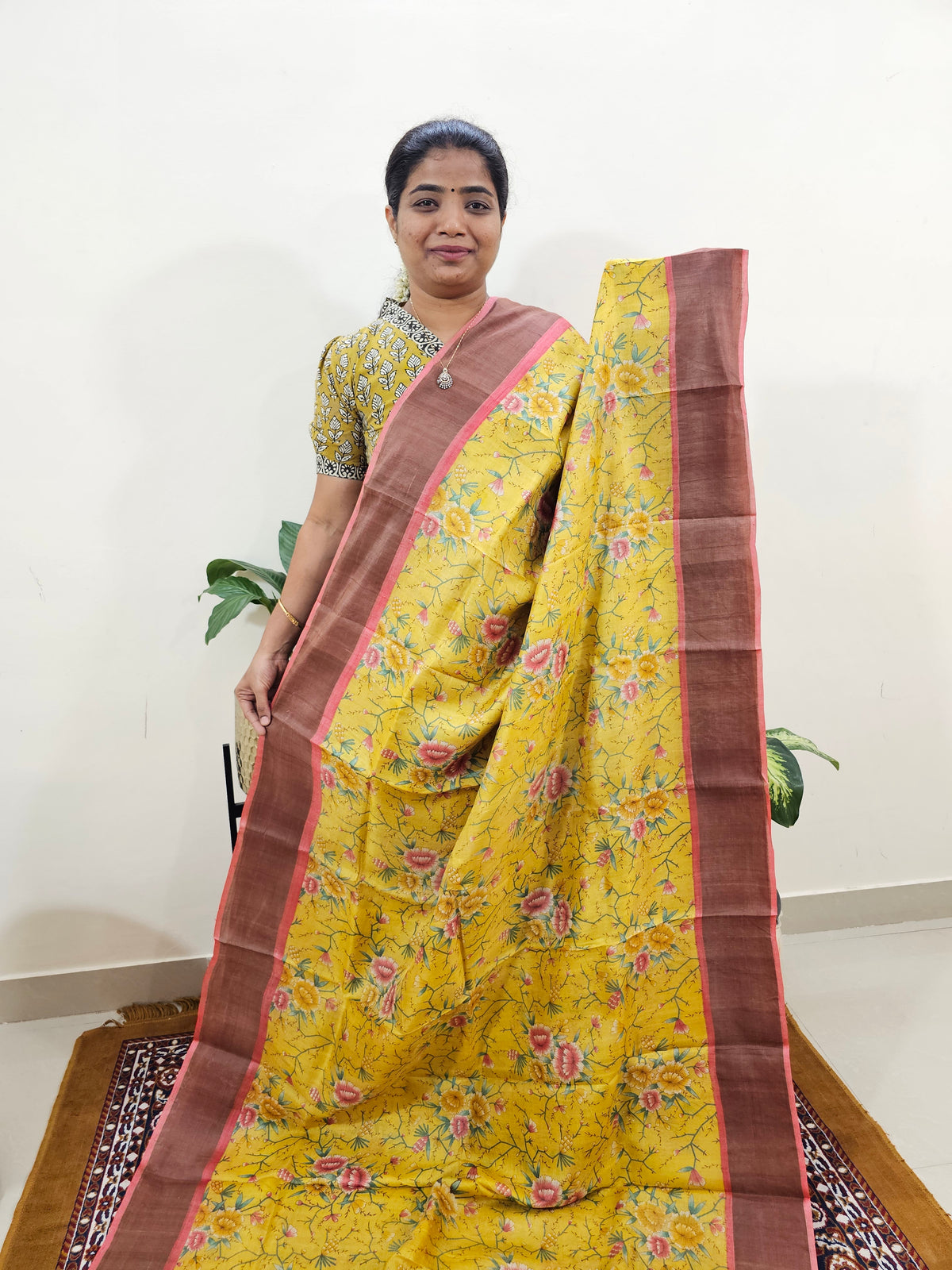 Pure Tussar Silk Saree with Zari Border - Yellow with Peach
