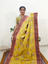 Pure Tussar Silk Saree with Zari Border - Yellow with Peach