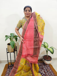 Pure Tussar Silk Saree with Zari Border - Yellow with Peach