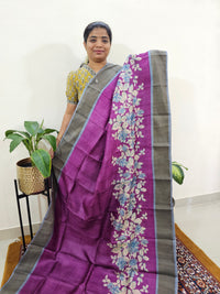 Tussar Silk Saree with Zari Border - Dark Purple with Grey
