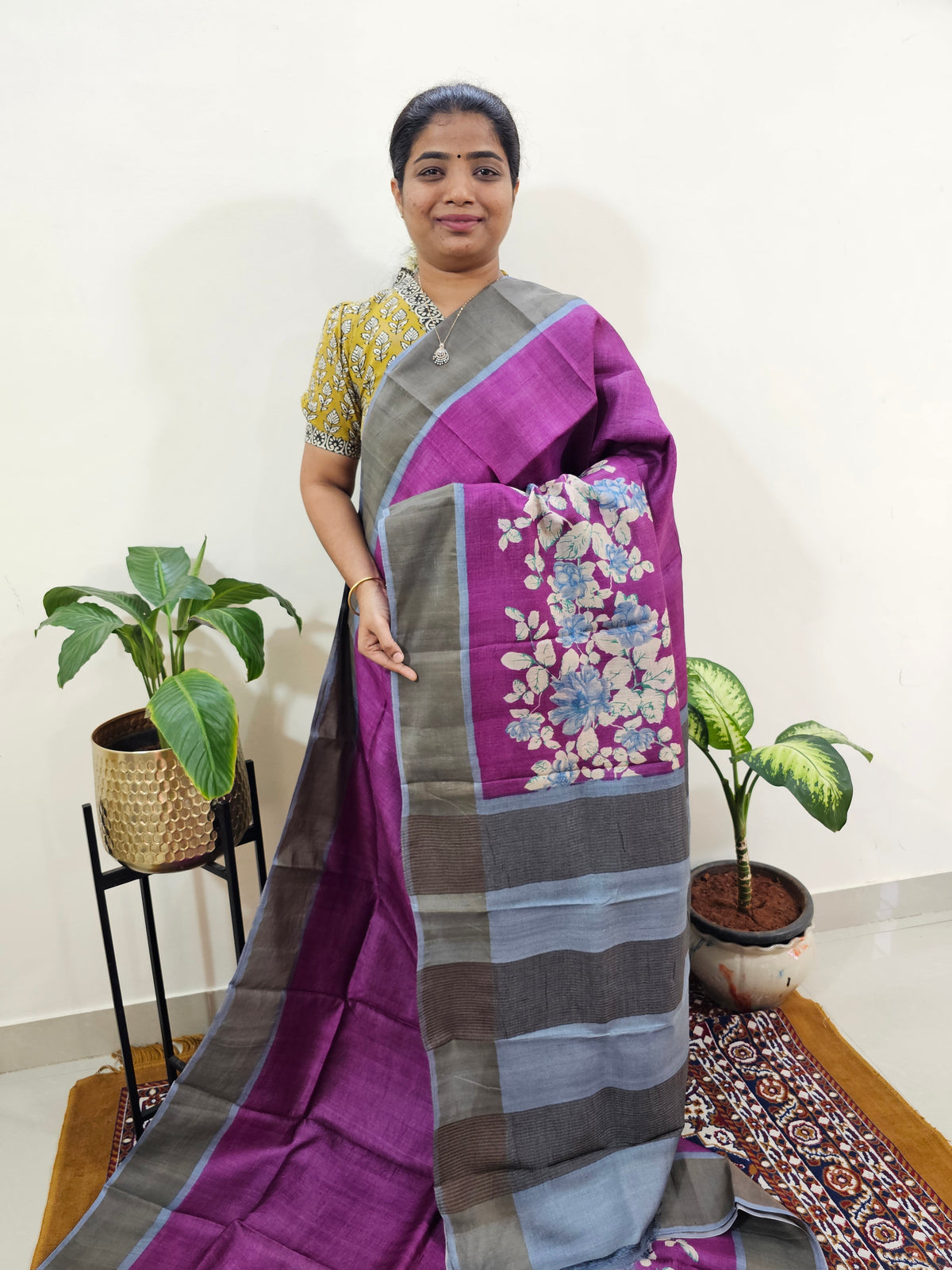 Tussar Silk Saree with Zari Border - Dark Purple with Grey