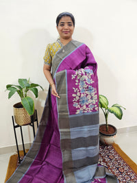 Tussar Silk Saree with Zari Border - Dark Purple with Grey