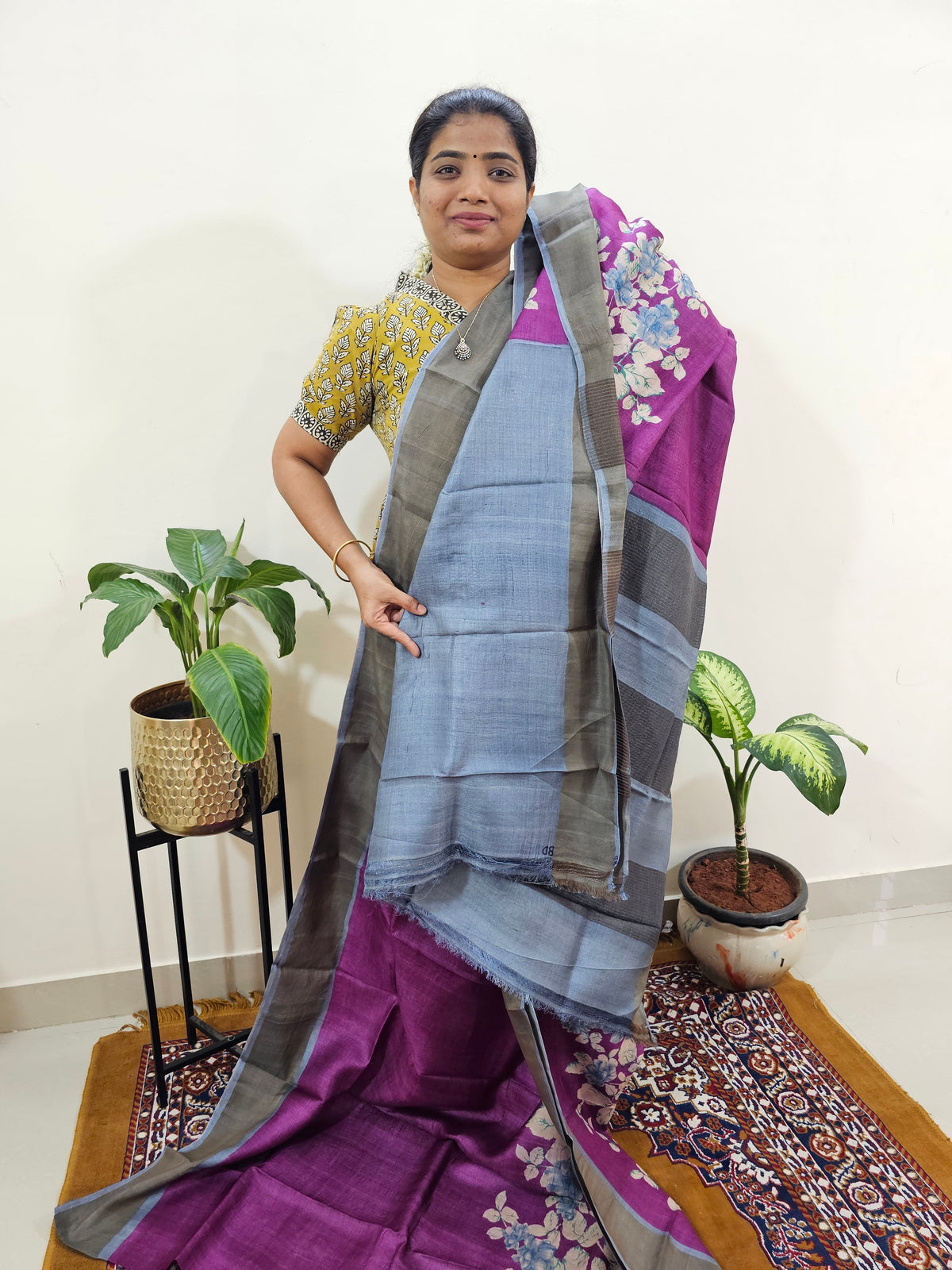 Tussar Silk Saree with Zari Border - Dark Purple with Grey