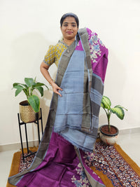 Tussar Silk Saree with Zari Border - Dark Purple with Grey