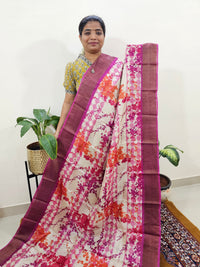 Tussar Silk Saree with Zari Border - Cream with Pink