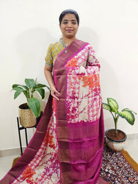 Tussar Silk Saree with Zari Border - Cream with Pink