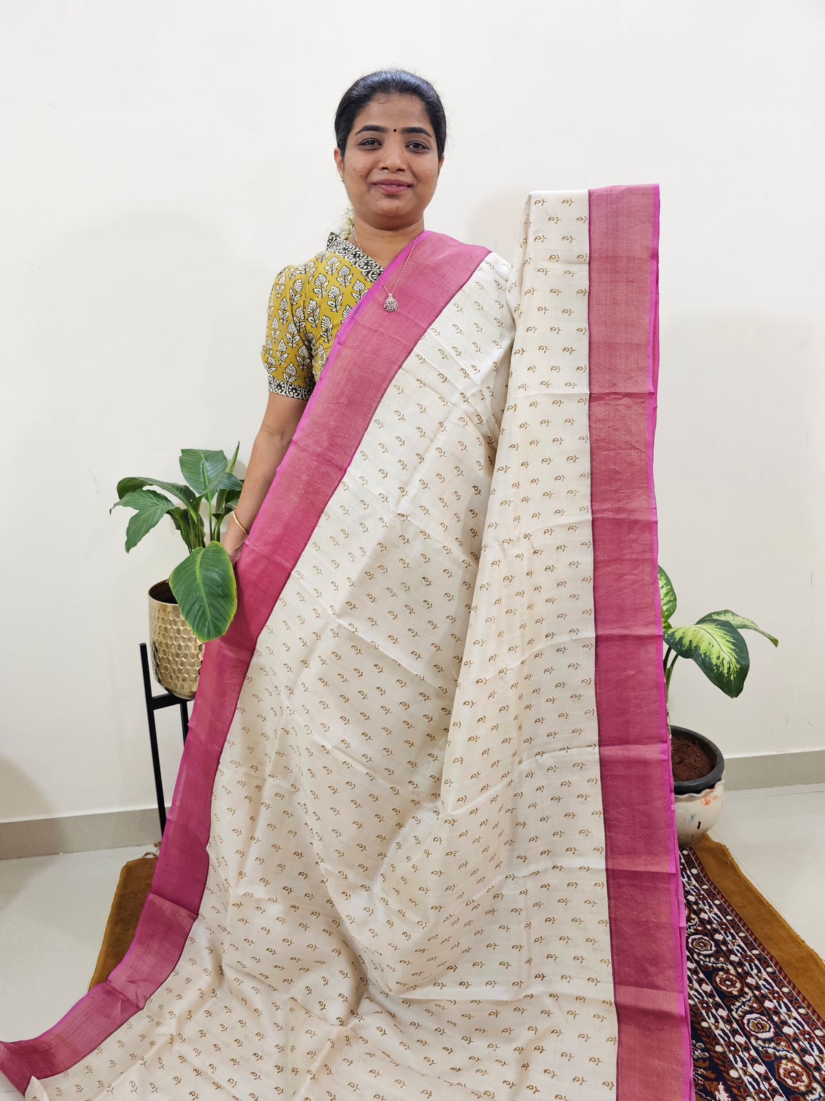 Pure Tussar Silk Saree with Zari Border - Off-white with Pink