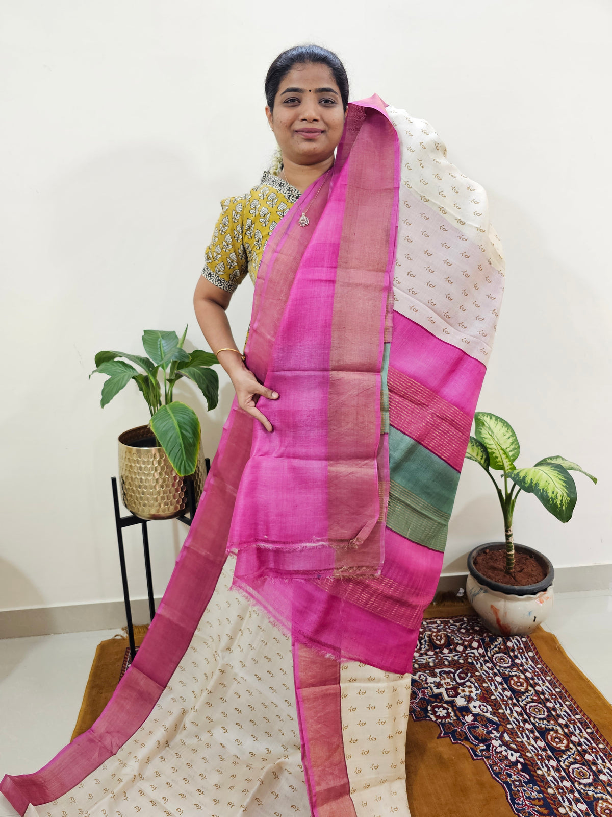 Pure Tussar Silk Saree with Zari Border - Off-white with Pink