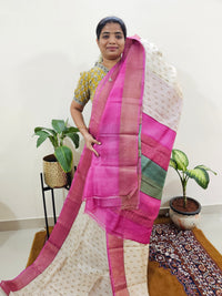 Pure Tussar Silk Saree with Zari Border - Off-white with Pink