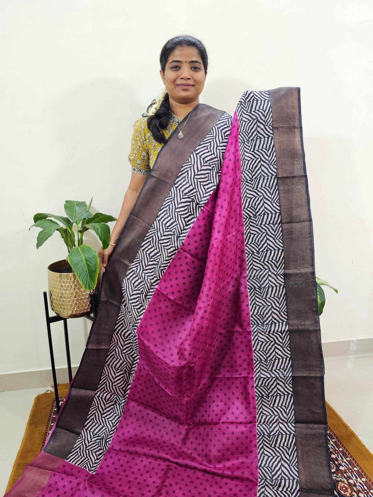 Pure Tussar Silk Saree with Zari Border - Pink with Grey
