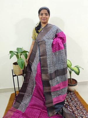 Pink with Grey Tussar Silk Saree with Zari Border