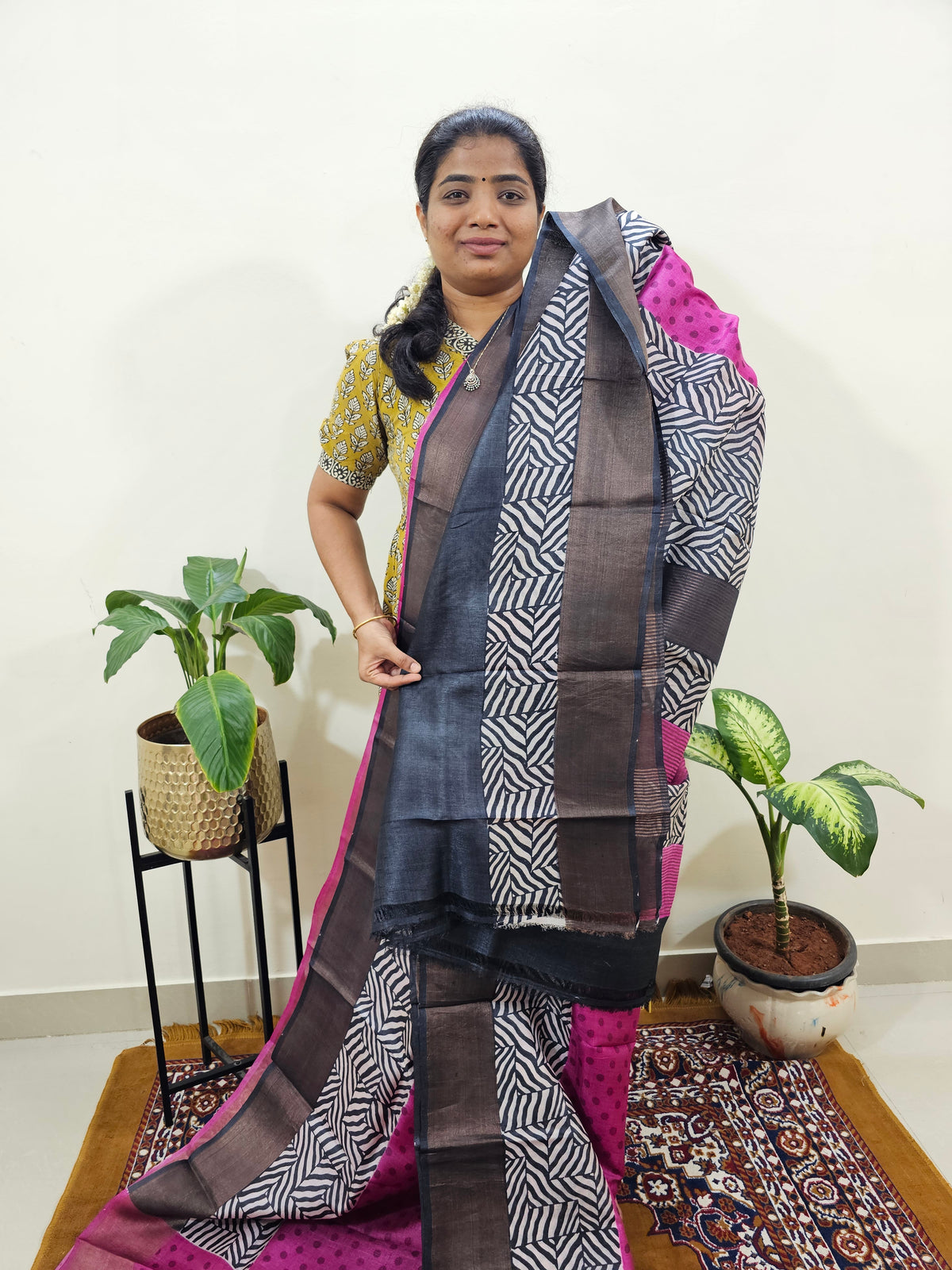 Pure Tussar Silk Saree with Zari Border - Pink with Grey