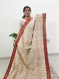 Soft Semi Tussar Weaving with Soft Zari Border - Cream with Maroon
