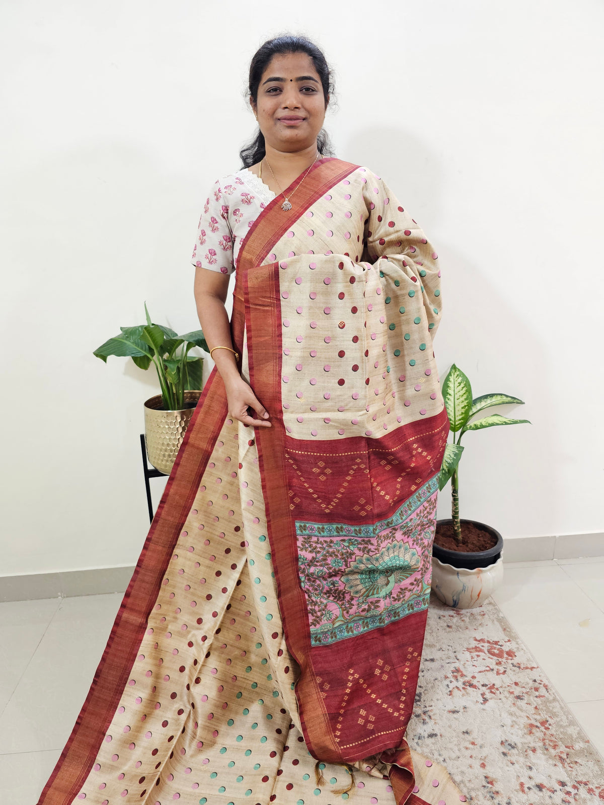 Soft Semi Tussar Weaving with Soft Zari Border - Cream with Maroon