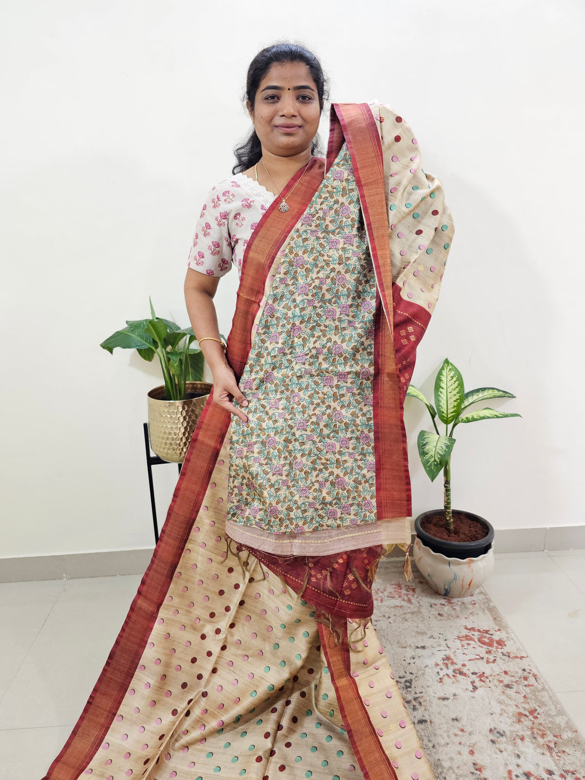 Soft Semi Tussar Weaving with Soft Zari Border - Cream with Maroon