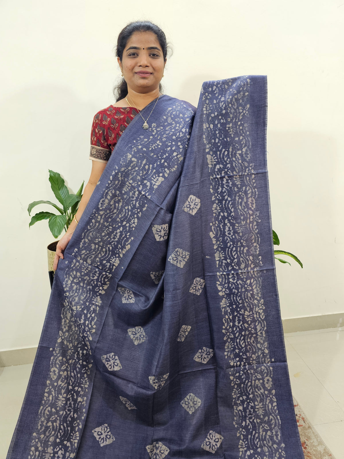 Bhagalpuri Batik Print - Blue with Pink