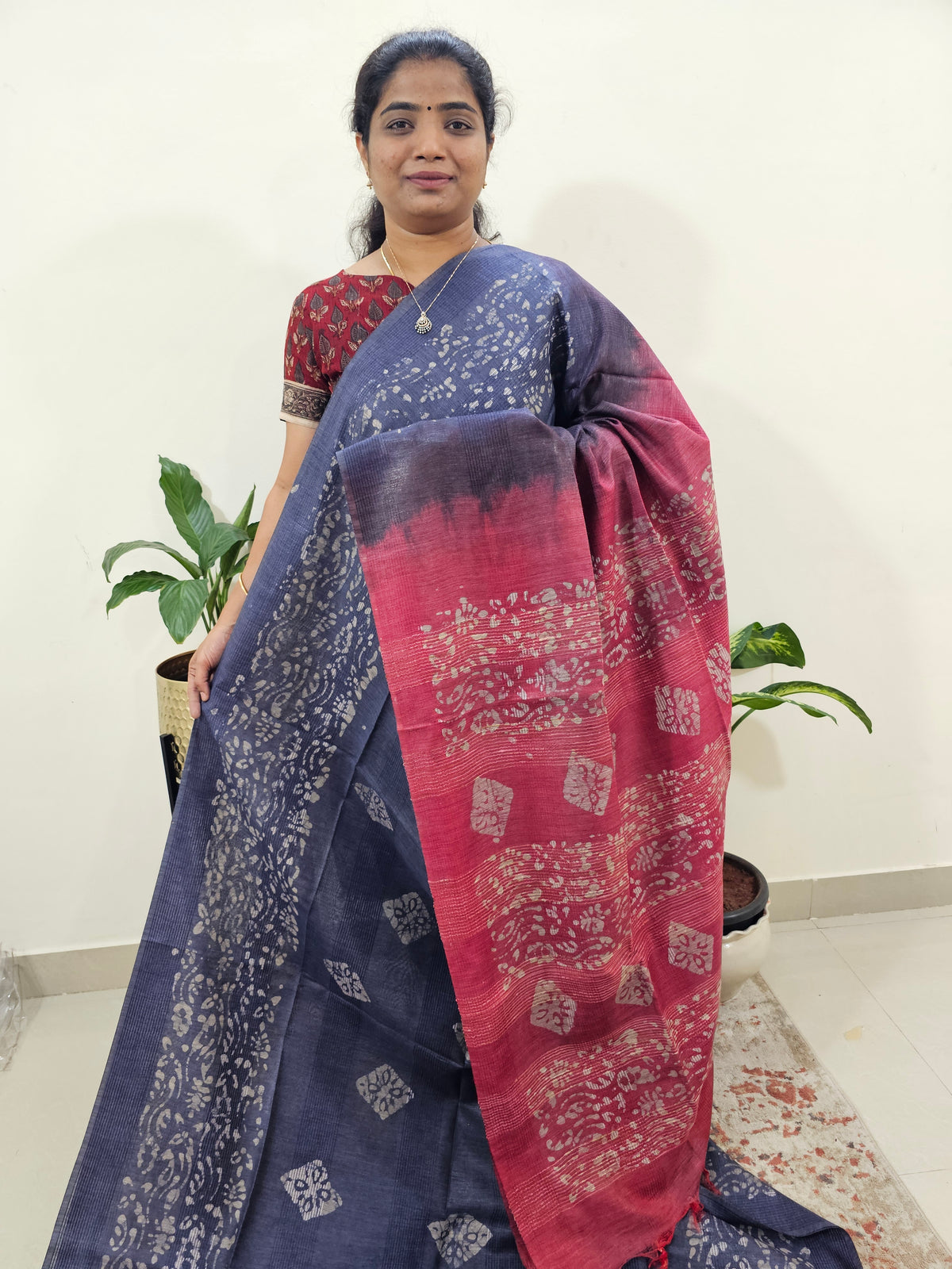 Bhagalpuri Batik Print - Blue with Pink