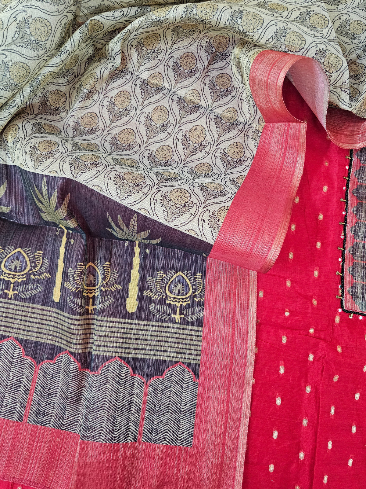 Semi Tussar Silk Unstitched Salwar - Red with Black