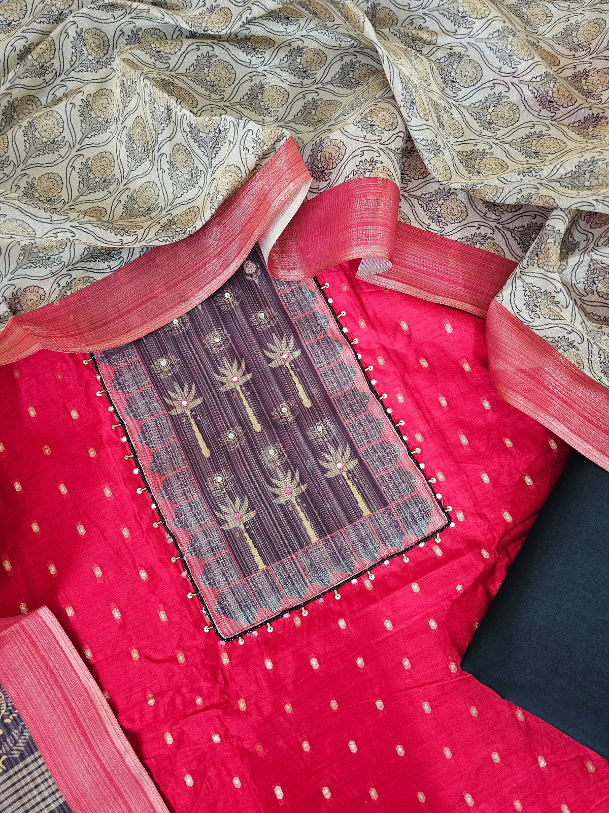 Semi Tussar Silk Unstitched Salwar - Red with Black