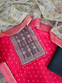 Semi Tussar Silk Unstitched Salwar - Red with Black