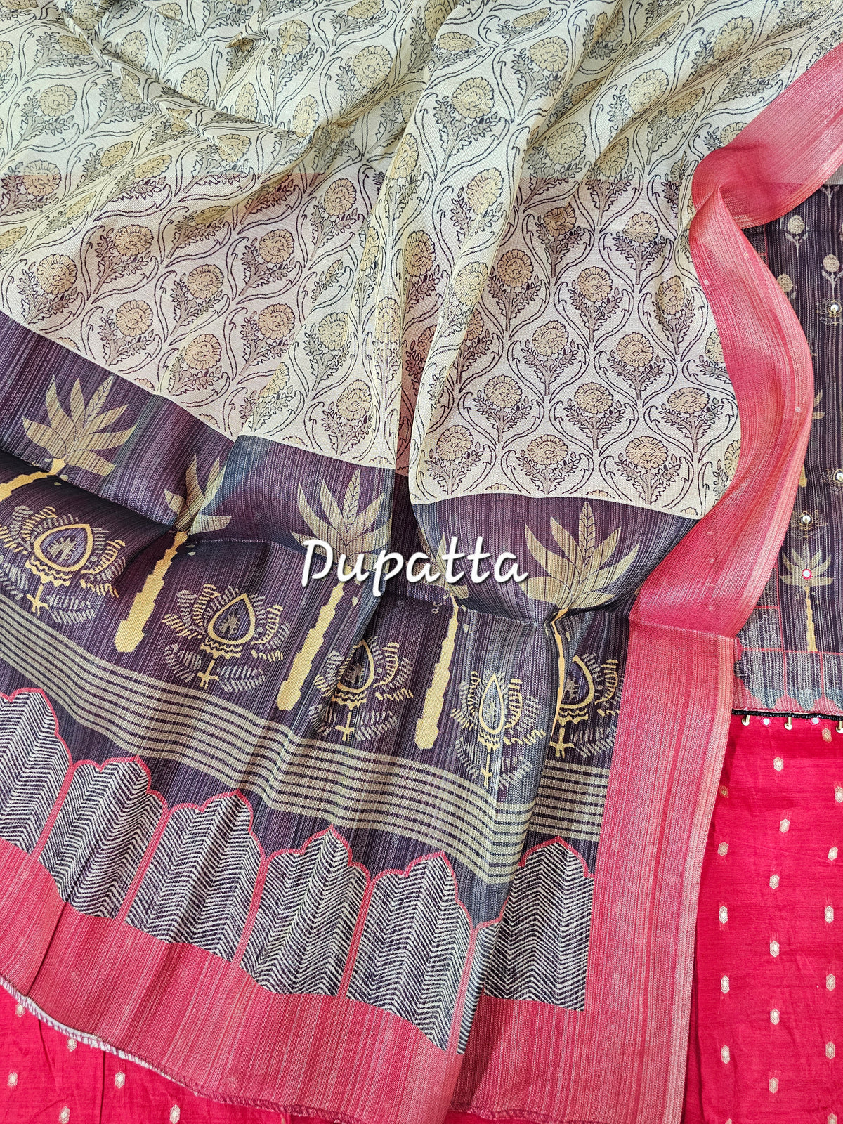 Semi Tussar Silk Unstitched Salwar - Red with Black