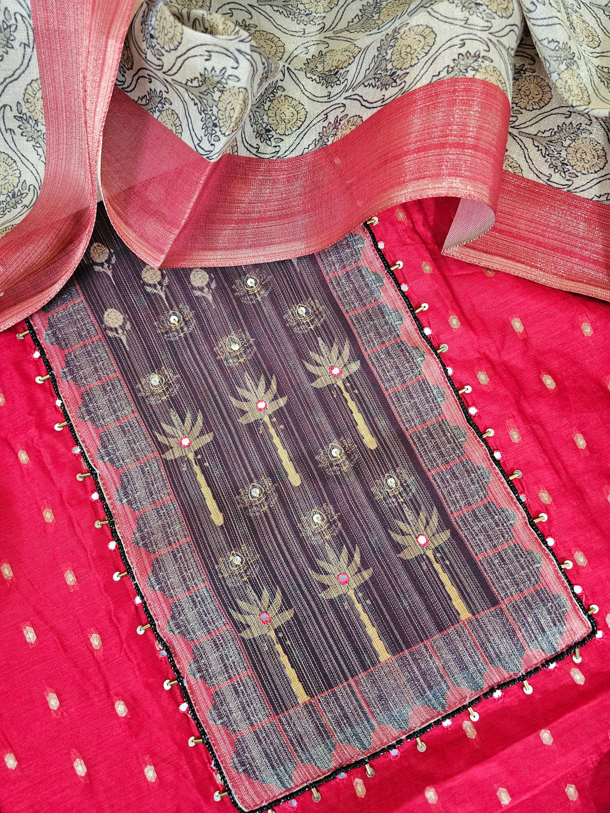 Semi Tussar Silk Unstitched Salwar - Red with Black