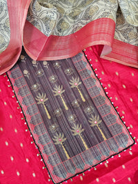 Semi Tussar Silk Unstitched Salwar - Red with Black