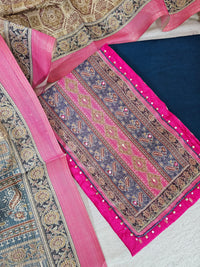 Semi Tussar Silk Unstitched Salwar - Pink with Peacock Blue