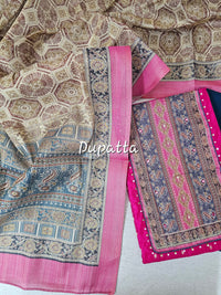 Semi Tussar Silk Unstitched Salwar - Pink with Peacock Blue