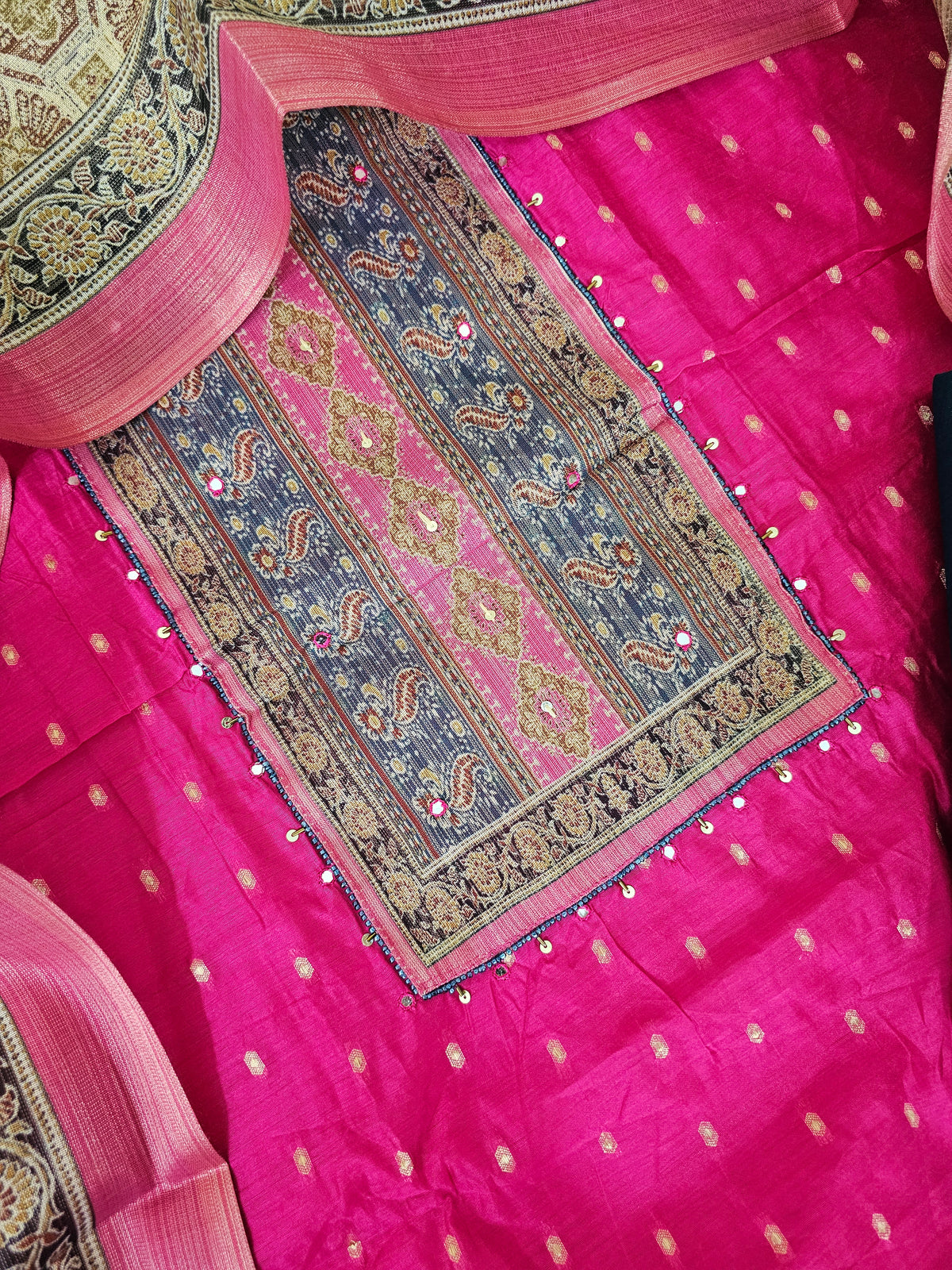 Semi Tussar Silk Unstitched Salwar - Pink with Peacock Blue