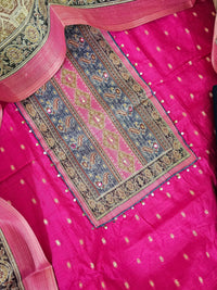 Semi Tussar Silk Unstitched Salwar - Pink with Peacock Blue