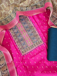 Semi Tussar Silk Unstitched Salwar - Pink with Peacock Blue
