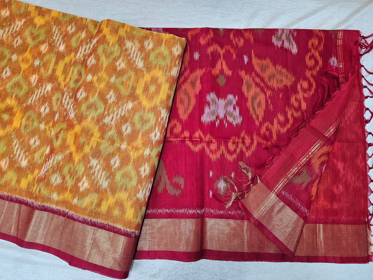 Yellow with Red Pochampally Ikkat Silk Cotton (SICO Pattu)