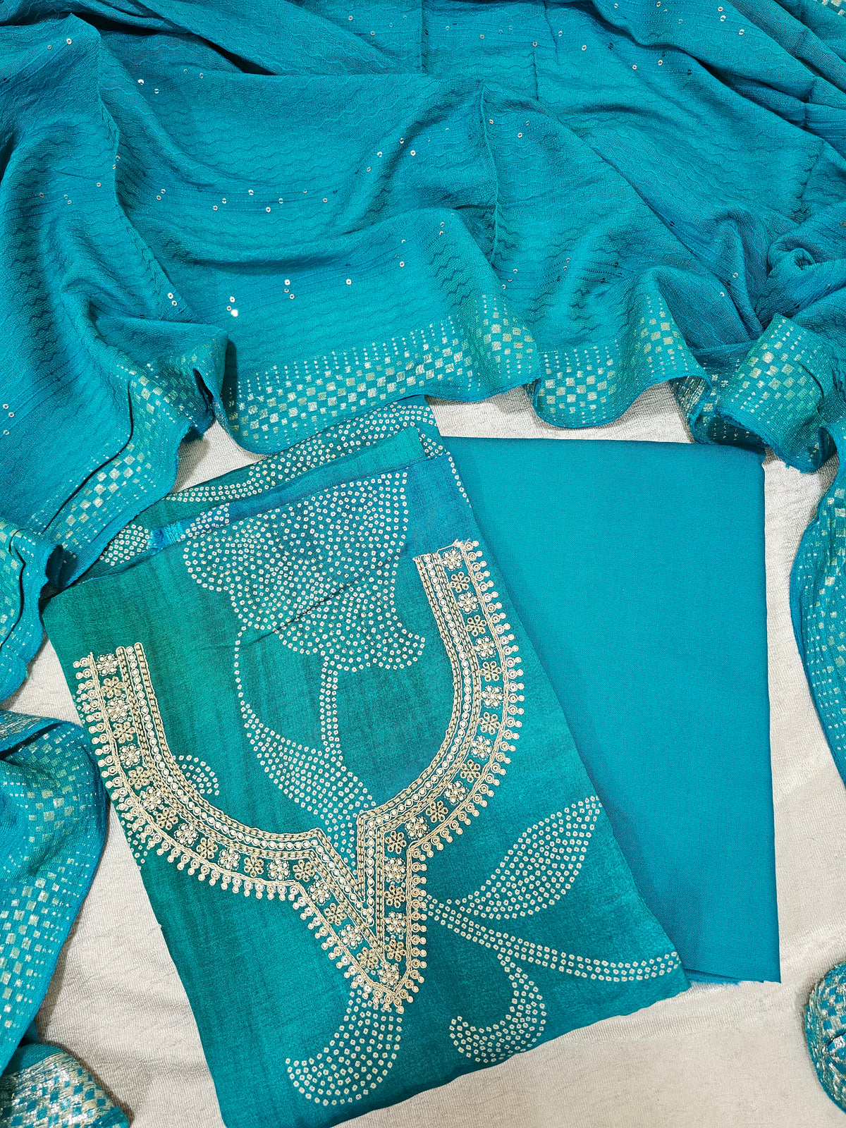 Modal Silk Unstitched Salwar - Peacock Blue and Green