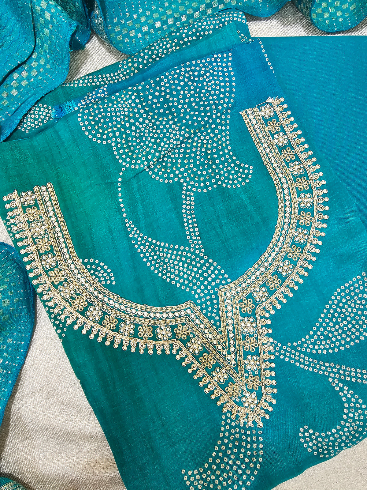 Modal Silk Unstitched Salwar - Peacock Blue and Green