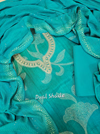 Modal Silk Unstitched Salwar - Peacock Blue and Green