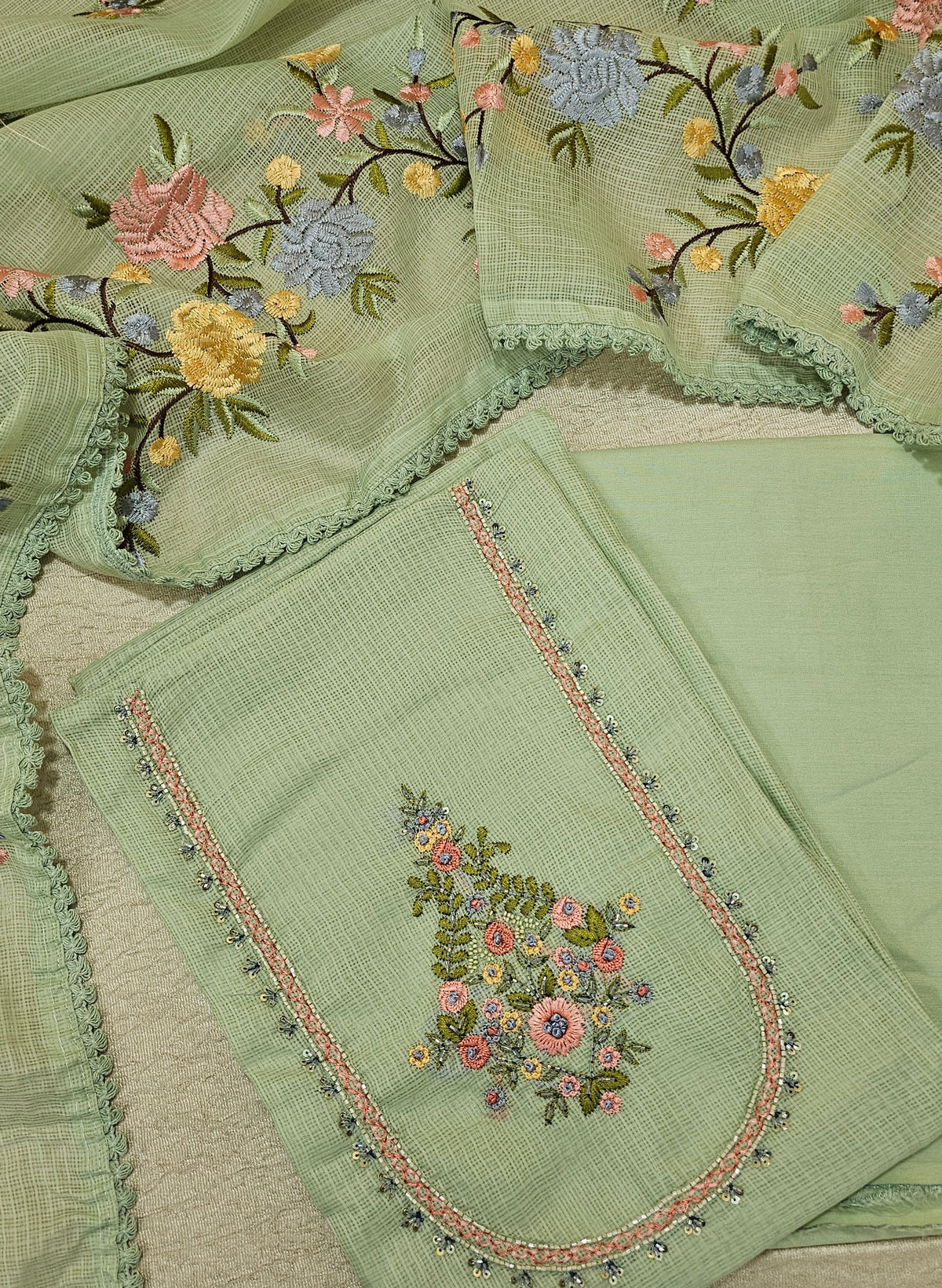 Semi Tussar Kota Unstitched Salwar - Pastel Green