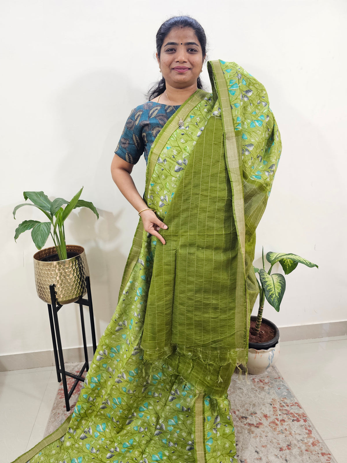 Tussar by Cotton Kalamkari- Green