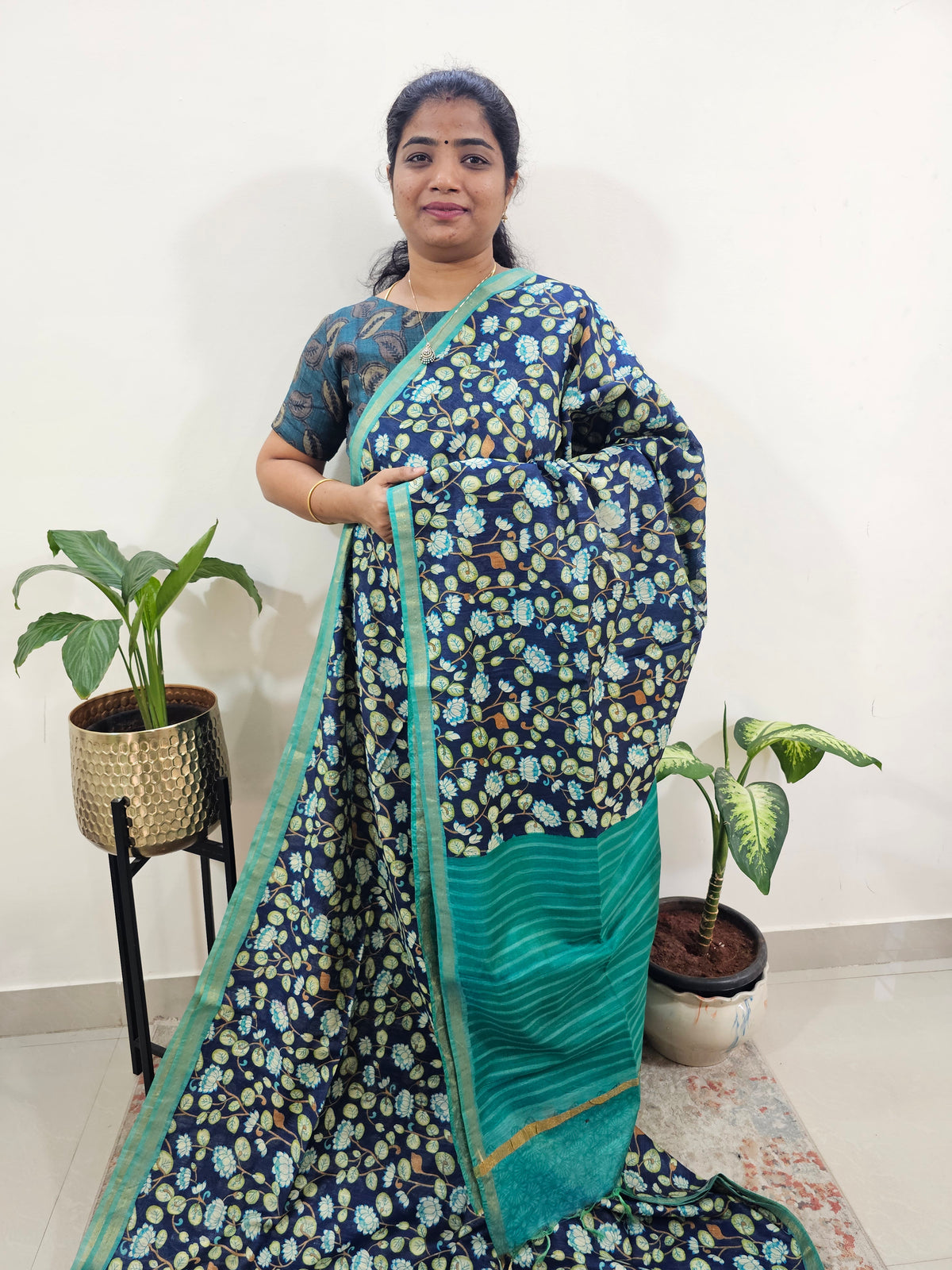 Tussar by Cotton Kalamkari- Blue with Sea Green