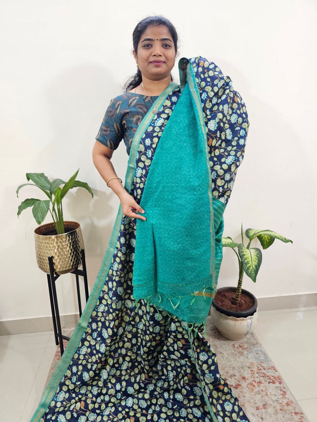 Tussar by Cotton Kalamkari- Blue with Sea Green