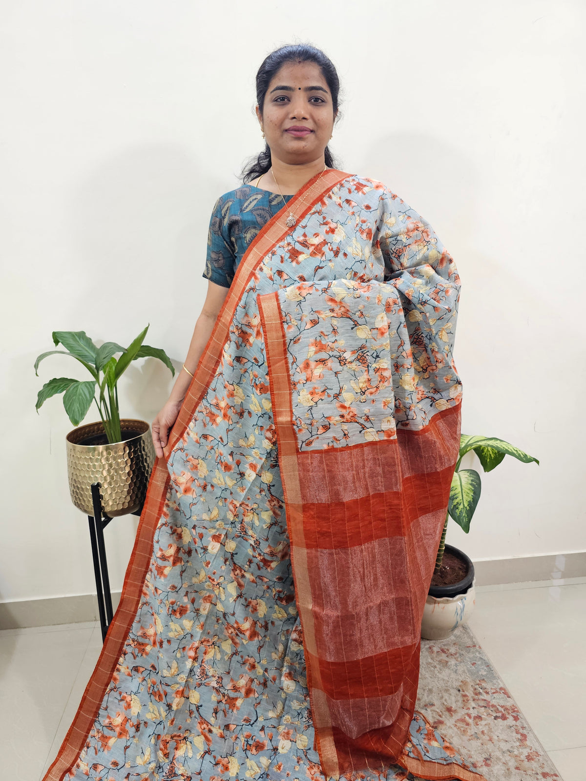 Tussar by Cotton Kalamkari- Grey with Orange