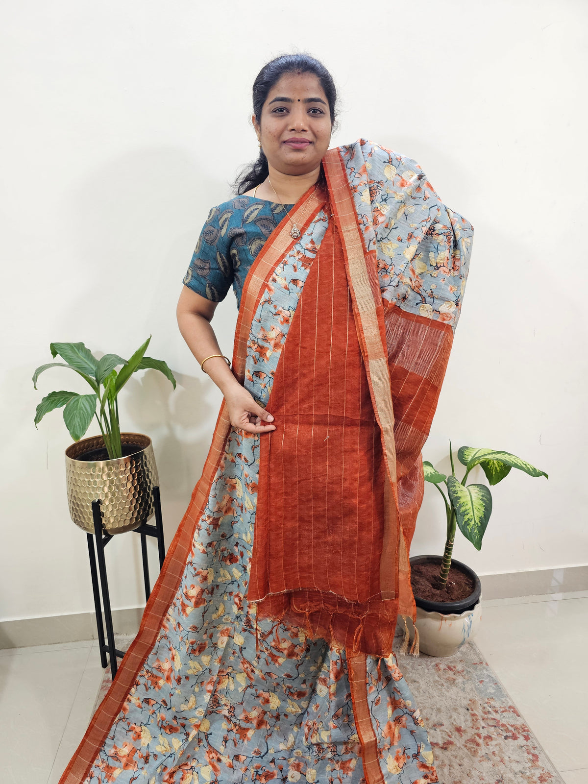 Tussar by Cotton Kalamkari- Grey with Orange