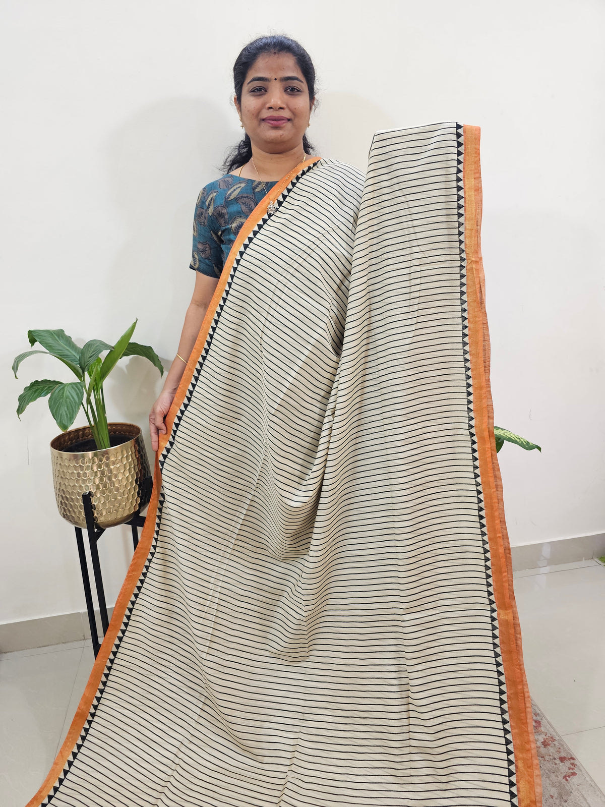 Tussar by Cotton Kalamkari- Cream with Orange