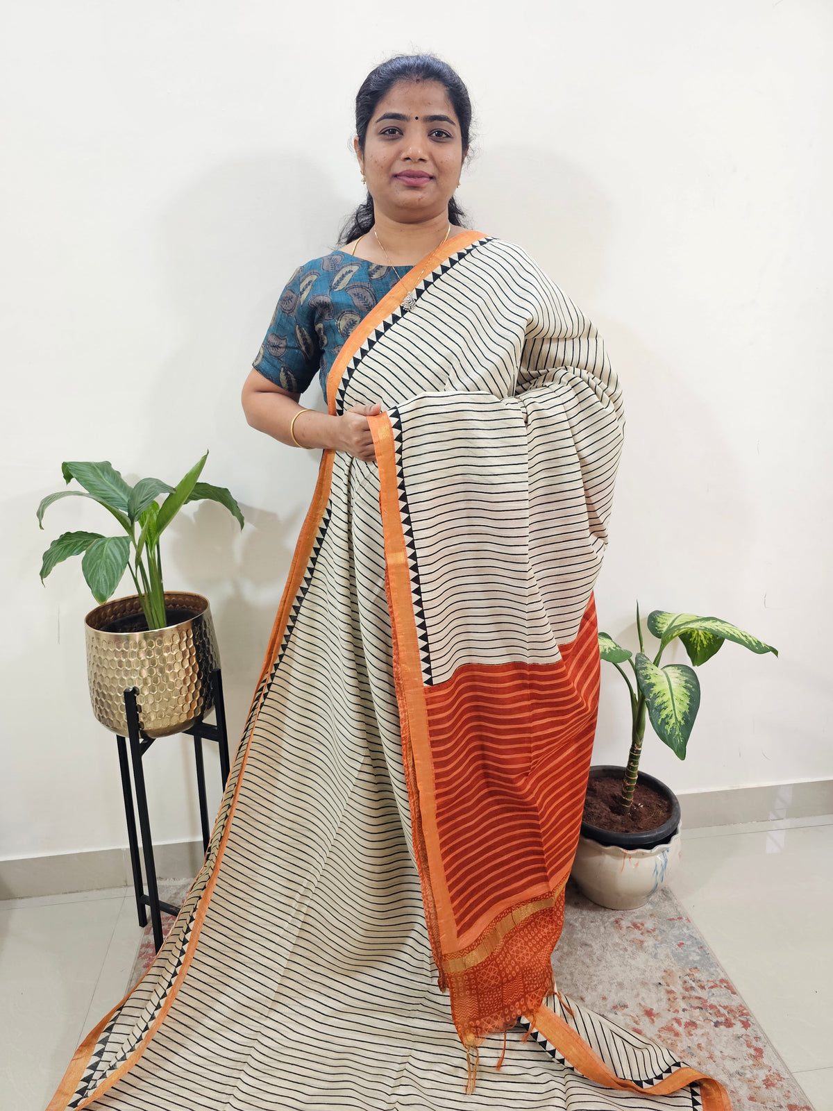 Tussar by Cotton Kalamkari- Cream with Orange