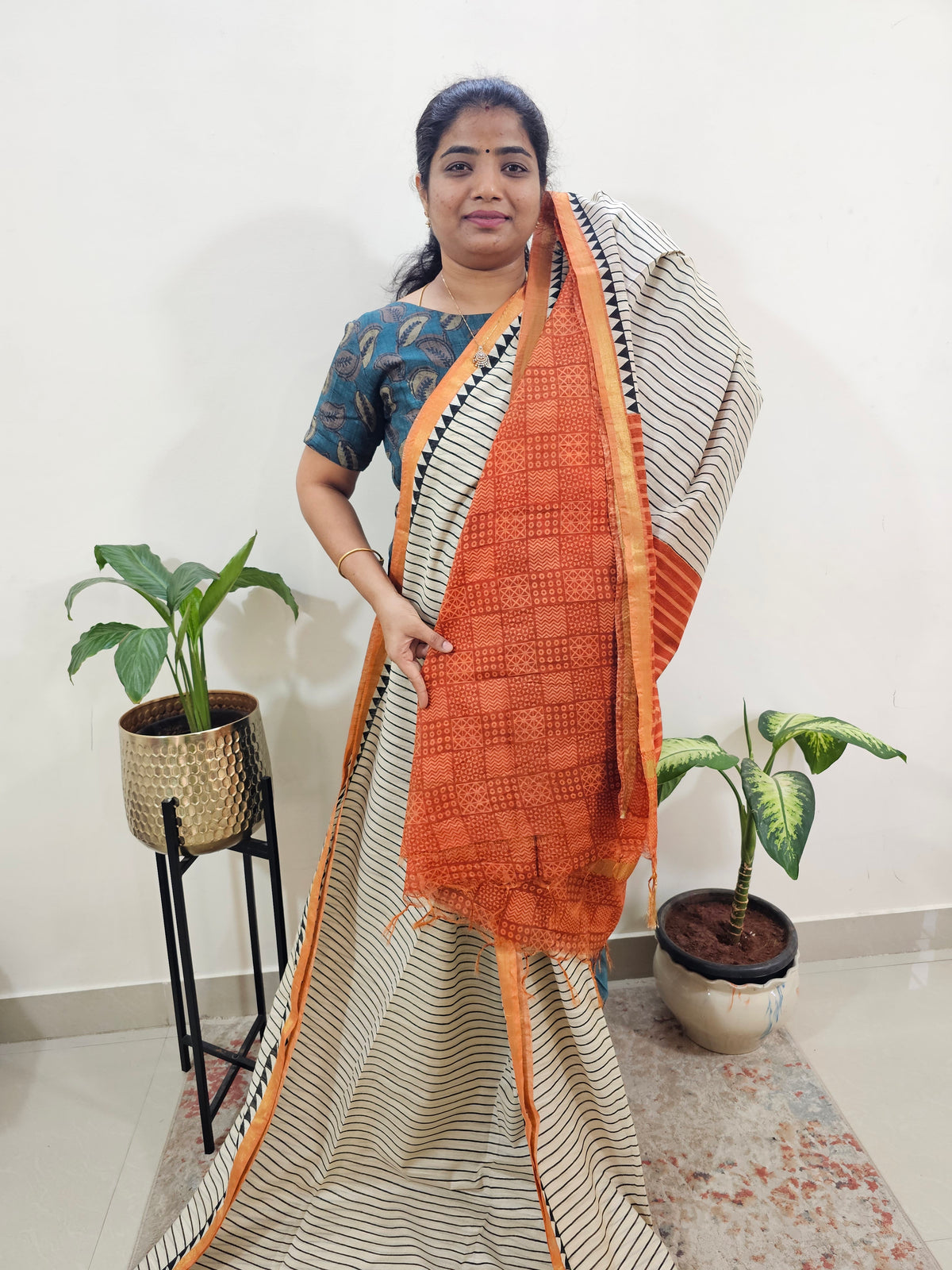 Tussar by Cotton Kalamkari- Cream with Orange